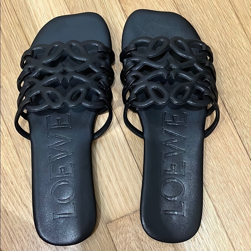 Black Slide Sandals with Woven Design